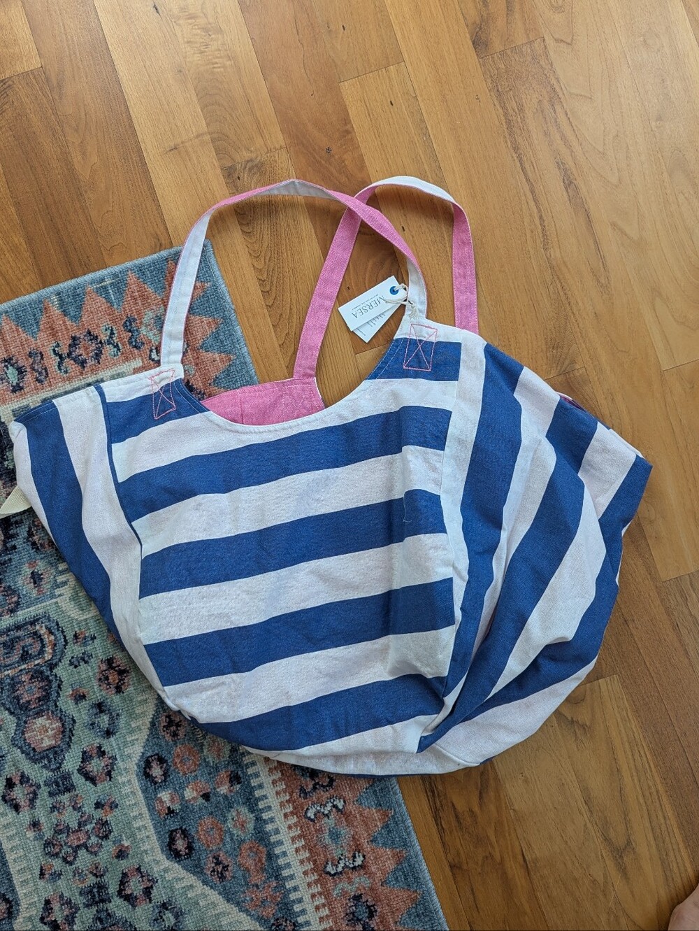 Blue and White Striped Tote Bag with Pink Handles